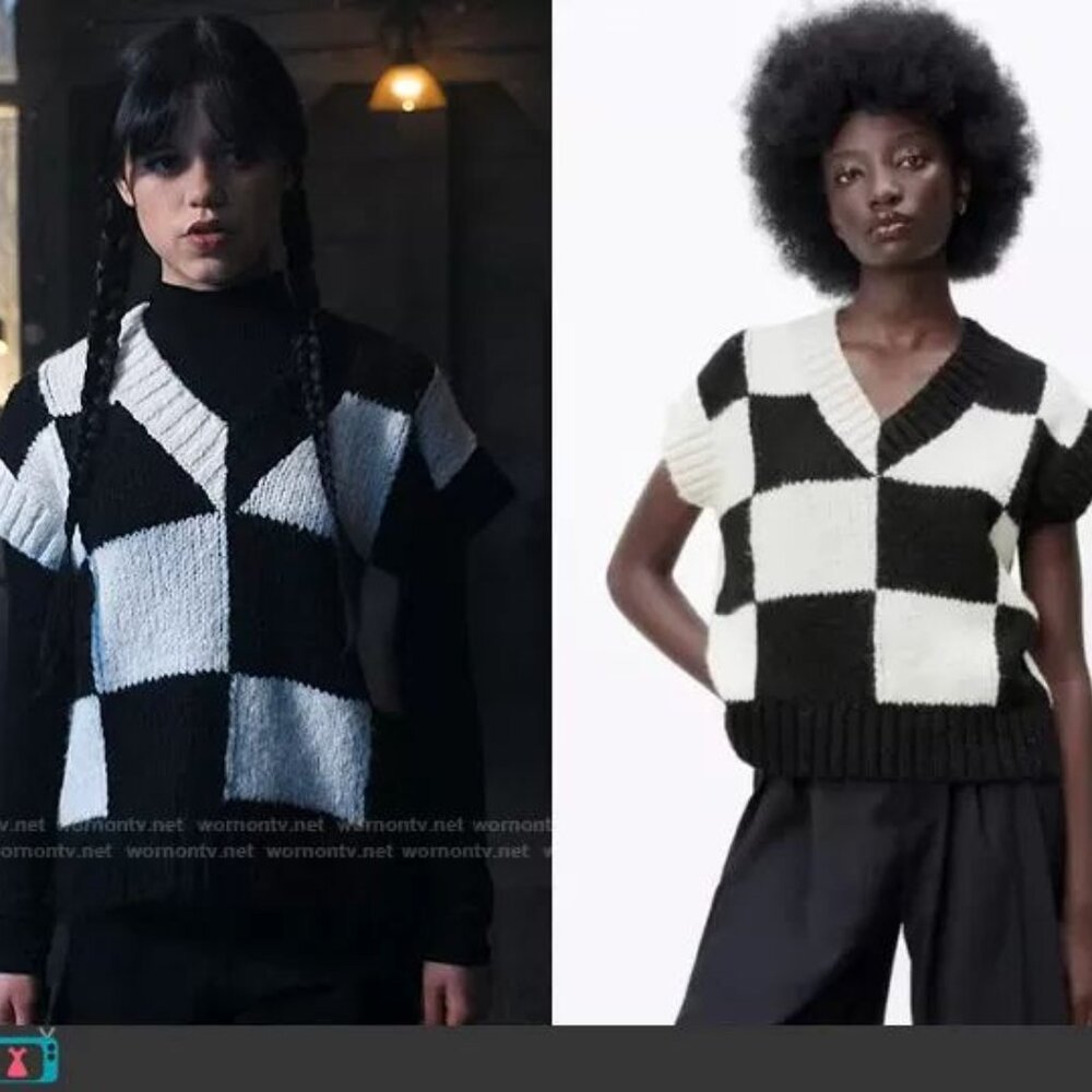 Zara black and white checkerboard vest ASO Wednesday Addams